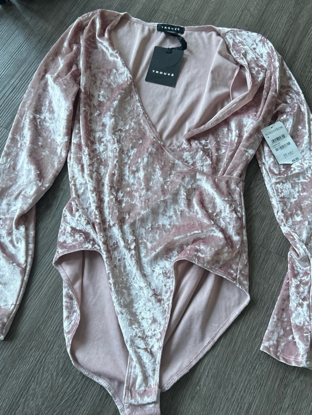 Trouve Rose Blush Crushed Velvet Wrap Bodysuit